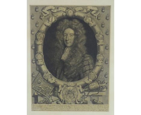Engraved print, Patricius Comes de Marchmont, (Portrait of Patrick Hume, 1st Earl of Marchmont), after Godfrey Kneller, under