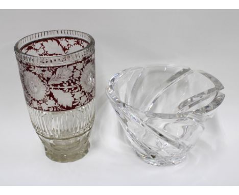 A glass vase with ruby flashed glass panel, 24cm high, and a later cut glass Italian bowl (2)