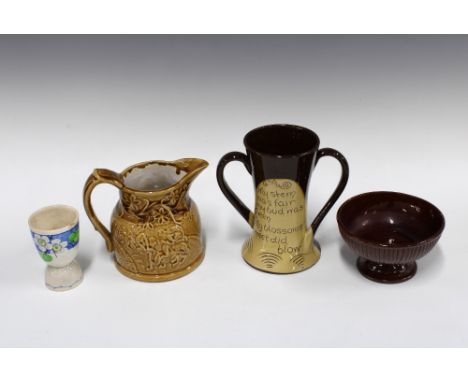 Scottish pottery to include a Cummnock motto vase, Makmerry goblet, Portobello pottery sugar basin, and a Buchan jug, tallest