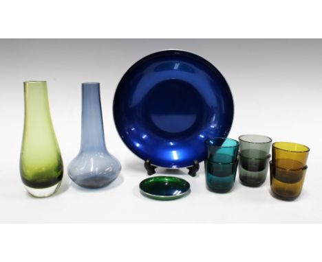 Mid Century Norwegian blue enamel bowl, 22cm, together with a small green dish, two coloured glass vases, and six coloured gl