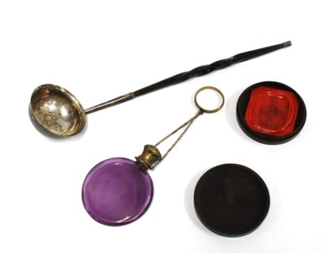Georgian silver toddy ladle, Edinburgh c1800 together with a small gilt metal mounted glass scent bottle, a tortoiseshell box