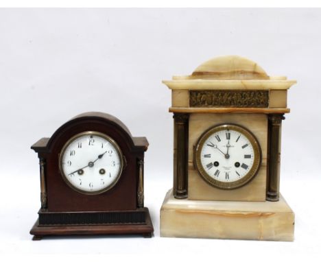 J W Benson hardstone mantel clock, with a brass plaque depicting men on horses and elephants, 33 x 24cm, together with a wood