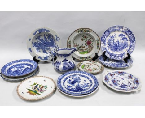 Collection of blue and white and other plates, to include Spode, Masons, Ridgfways, etc, largest 25cm diameter, and an ironst