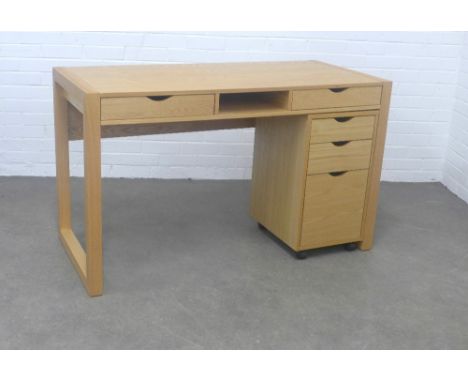 John Lewis light oak desk with three drawer pedestal, 130 x 78 x 60cm.