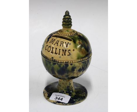 19th century Fife potteries spatter ware money bank, inscribed Mary Collins, 17cm (finial restored)