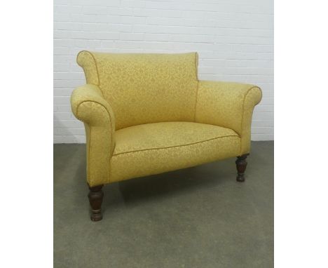 Country House two seater chair / small settee, upholstered in yellow damask, on mahogany legs  133 x 90 x 45cm.