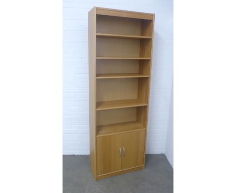 Modern light oak open bookcase cabinet, 75 x 214 x 31cm.