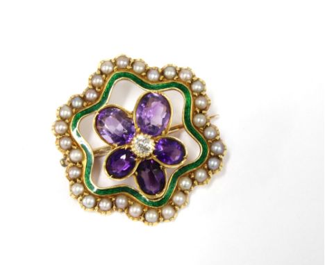 Early 20th century 15ct gold brooch with seed pearls, amethysts and green enamel in the Women's Suffrage colourway and possib