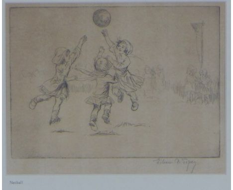 EILEEN ALICE SOPER (ENGLISH 1905-1990), NETBALL, signed etching, framed under glass, 18 X 15cm