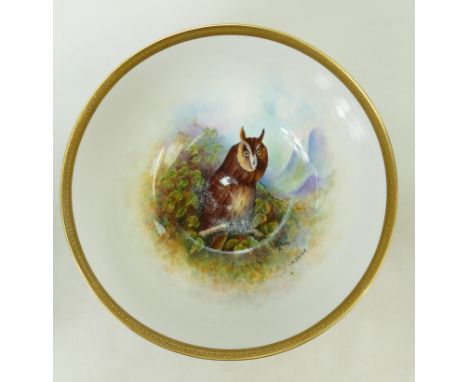 Coalport fruit bowl hand painted with an Owl: Coalport fruit bowl hand painted with an owl by M Pinter, diameter 25cm.
