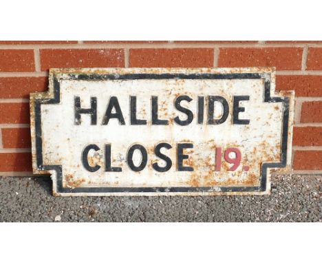 1920s cast iron Street Sign: Vintage cast iron street sign ''Hallside Close'', 34 x 68cm.