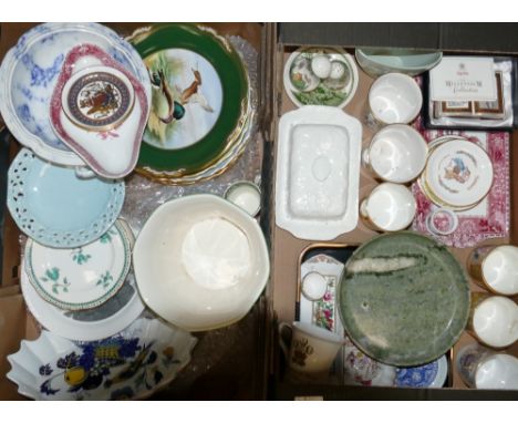 A mixed collection of items to include: Spode decorative wall plates Blue Bird patterned platter, commemorative mugs 7 beaker