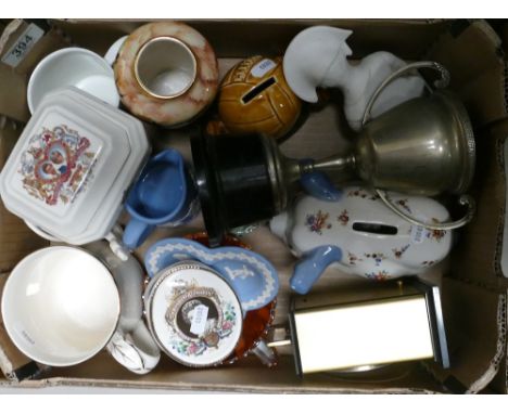 A mixed collection of ceramics items to include: parian bust of peeping tom, Silver plated trophy, Smiths carraige clock etc