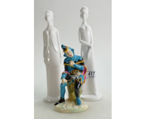 Coalport figure Jester: together with 2 Spode Pauline Shone lady figures(3)