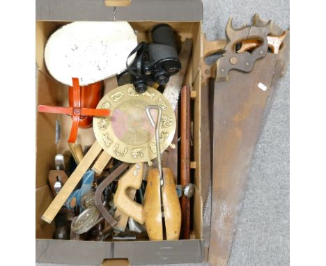A mixed collection of items to include: vintage wood working hand tools, binoculars, scales, saw's etc