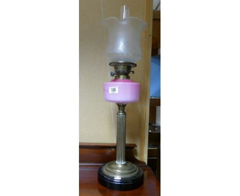 English Victorian Glass Column Oil Lamp: with shade &amp; chimney