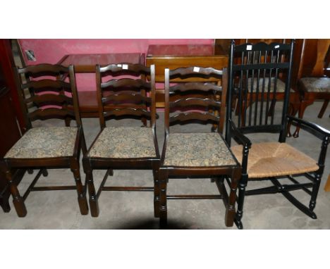 Early 20th Century rush seated rocking chair: together with more modern ladder back dinning chairs(4)