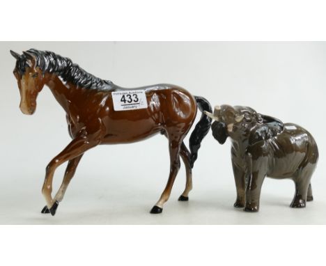 Beswick Elephant with trunk in salute: together with Royal Doulton Spirit Horse(2)