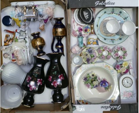 A mixed collection of items to include: continental figure groups, floral decorated vases, Royal Grafton branded mantle clock