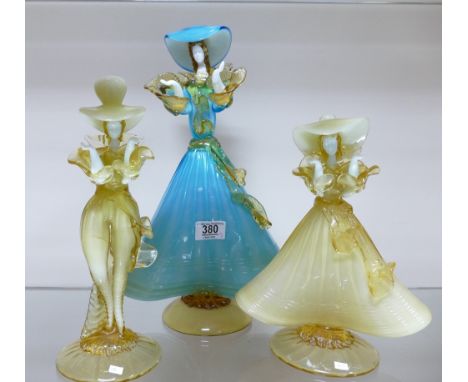 Vintage Hand Made Elegant 14'' Murano Glass Lady Figure: In Blue, white, and amber, together with A Pair of Murano Glass Danc