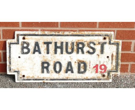 1920s cast iron Street Sign: Vintage cast iron street sign ''Bathurst Road 19'', 31 x 68cm.