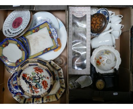 a Mixed collection of items to include; Leonardo boxed doll, Victorian oriental platters, ebonised mantle clock etc (2 trays)