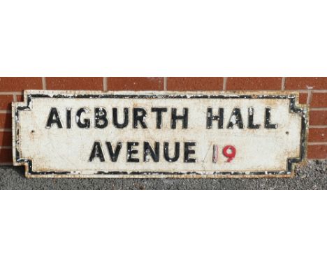 Vintage cast iron street sign: Vintage cast iron street sign ''Aigburth Hall Avenue 19'', 33 x 112cm