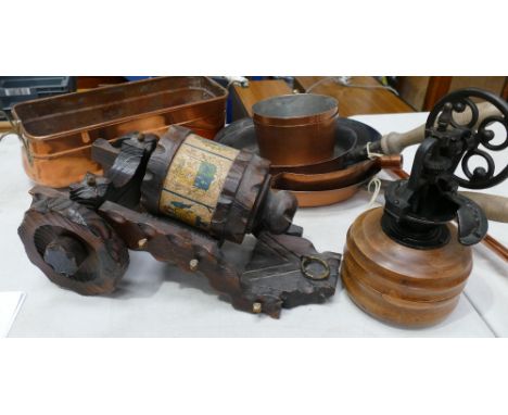 A mixed collection of items to include: Wine Holders, Coffee grinder, Brass pans etc