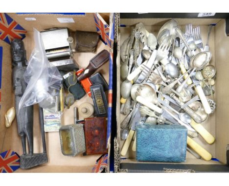 Mixed collection of vintage items: to include lighters, vesta cases, snuff boxes, cutlery etc (2 trays)