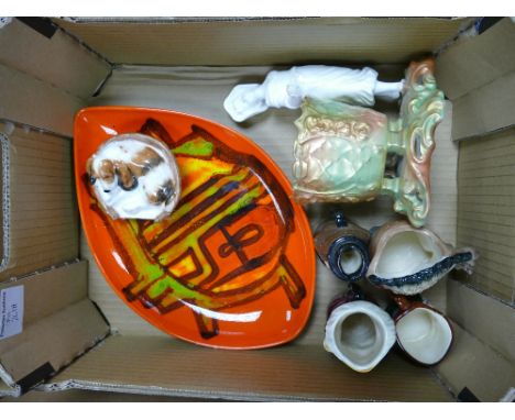 A mixed collection of items to include: small Royal Doulton Character jugs, damaged Moore figure of Girl by Basket, Abstract 