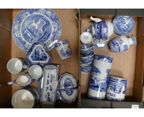 A mixed collection of Spode Italian patterned items to include: tea for one teapot, vases, storage pots etc (2 trays)