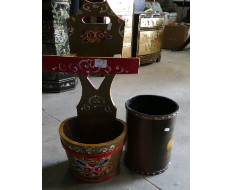 Decorative painted wooden stick stand: together with similar waste bin(2)