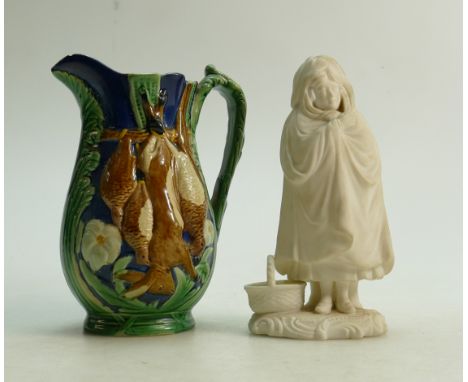 19th century pottery: 19th Century Majolica jug decorated with embossed dead game, height 16cm (small chip to rim) and a Mint