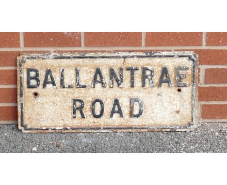 1920s cast iron Street Sign: Vintage cast iron street sign ''Ballantrae Road'', 31 x 68cm.