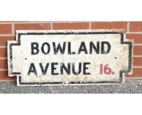 1920s cast iron Street Sign: Vintage cast iron street sign Bowland Avenue 16'', 35 x 75cm.
