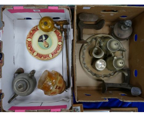 A mixed collection of items to include: Victorian Articulated gas lamp, silver plated items, brass oil burner etc (2 trays)