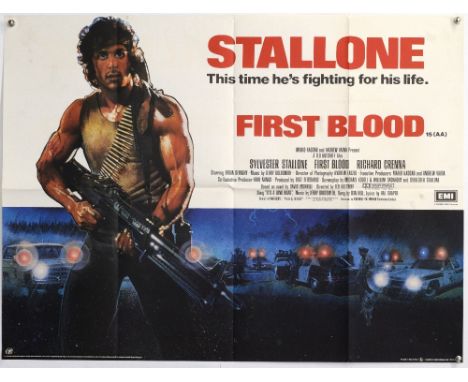 First Blood (1982) British Quad film poster, art by Drew Struzan, starring Sylvester Stallone as Rambo, Columbia-EMI-Warner, 