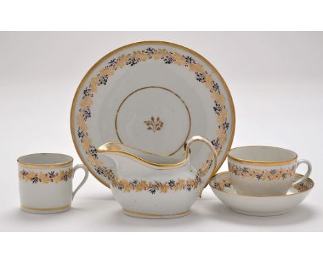 'New Hall' part tea service, pattern no. 441, comprising: cup, can and saucer, cream jug and shallow bowl, height of cream ju