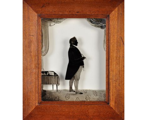 G*** Woodhouse
(19th Century)
A SILHOUETTE PORTRAIT OF MR. R. BARKER STANDING AT A TABLE WITH A PEN
signed, inscribed and dat