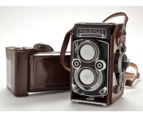 A Rolleiflex F 3.5 twin lens reflex camera, serial no. 2217924, fitted planar 75mm f3.5 lens, integrated exposure meter; with