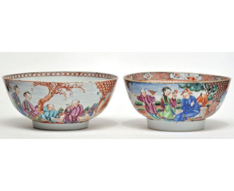 Two Chinese 'Mandarin' pattern bowls, each painted with figures within garden landscapes, early/mid 19th Century, diameters 1