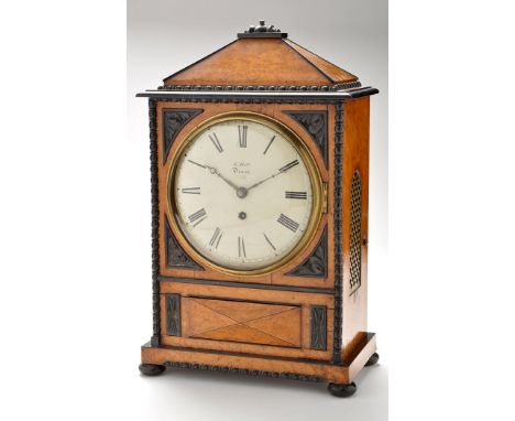 K. Hall, Dover: a mid 19th Century birdseye maple and ebonised bracket timepiece, with painted roman dial, single fusee movem