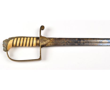 A British post 1805 naval officer's sword, early 19th Century, the 32in. (81cms) long fullered blued blade with gilt decorati