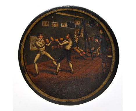 A 19th Century Stobwasser type painted snuff box, decorated with a boxing scene, depicting a pair of men sparing and a man be