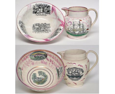 Printed Lustreware bowl of North-East interest, with views of Wear Bridge and "Sailor's Farewell", diameter 32.3cms, impresse