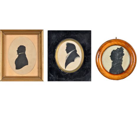 19th Century English School 
MINIATURE SILHOUETTE PORTRAITS: A GENTLEMAN WEARING A RUFF SIG
signed R* G* C* Pinir; A WOMAN WE
