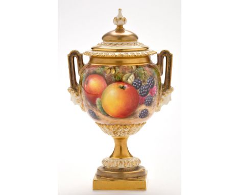 Royal Worcester painted vase and cover, indistinctly signed with initials, with apples and blackberries upon moss and foliate