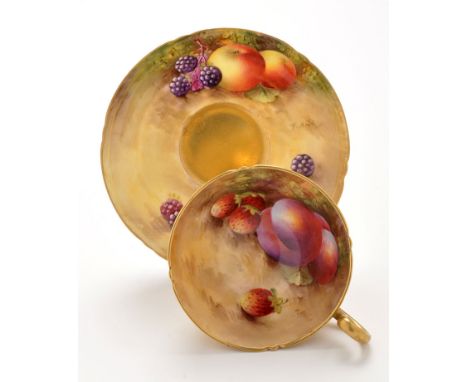 Royal Worcester painted cup and saucer, signed H. Ayrton, with plums, strawberries and blackberries, height 8cms, printed mar