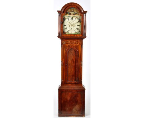 Elliott, Blyth: a mahogany longcase clock, with painted roman dial, subsidiary seconds and date dial, religious spandrels and