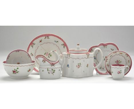 'New Hall' part tea service, pattern no. 173, comprising: teapot, cover and stand, cream jug, coffee cup and saucer, two bowl